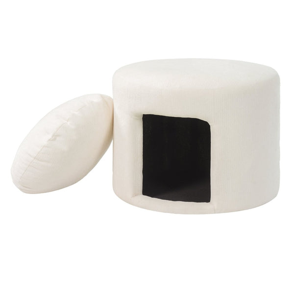 English Elm Beige Round Footrest Ottoman with Hidden Pet Nook Acacia Legs and Removable Cushion N770P428755B