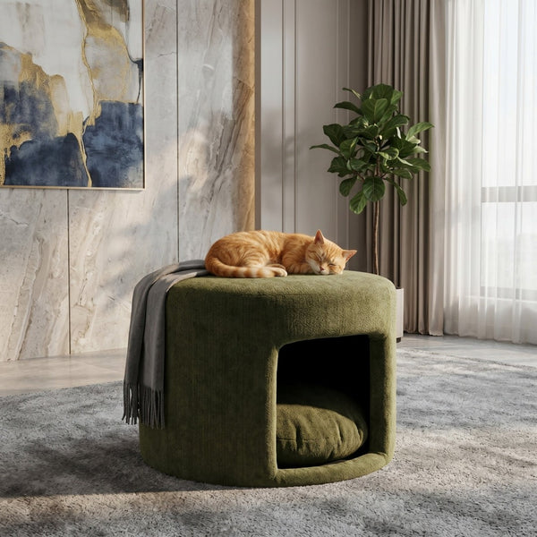 English Elm Green Round Pet Nook Ottoman Acacia Wood Legs Upholstered Footrest for Living Room N770P428755G