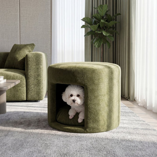 English Elm Green Round Pet Nook Ottoman Acacia Wood Legs Upholstered Footrest for Living Room N770P428755G