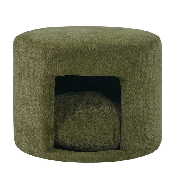 English Elm Green Round Pet Nook Ottoman Acacia Wood Legs Upholstered Footrest for Living Room N770P428755G