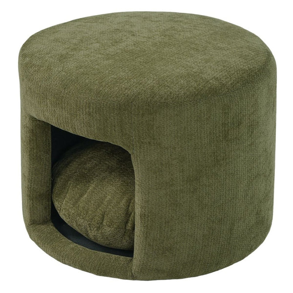 English Elm Green Round Pet Nook Ottoman Acacia Wood Legs Upholstered Footrest for Living Room N770P428755G