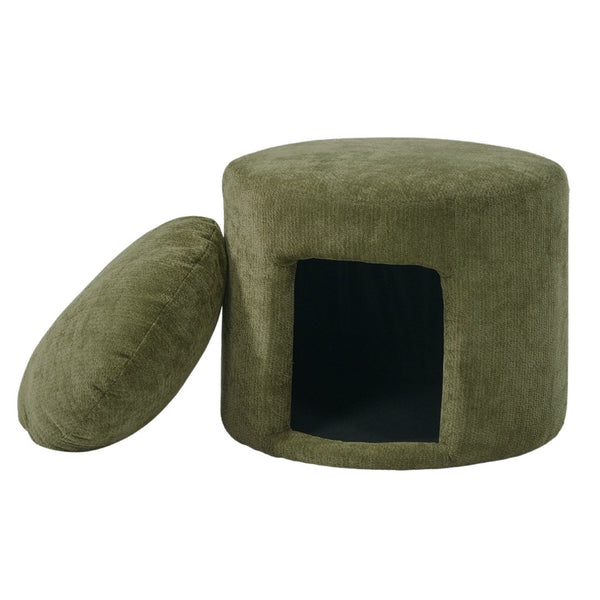 English Elm Green Round Pet Nook Ottoman Acacia Wood Legs Upholstered Footrest for Living Room N770P428755G