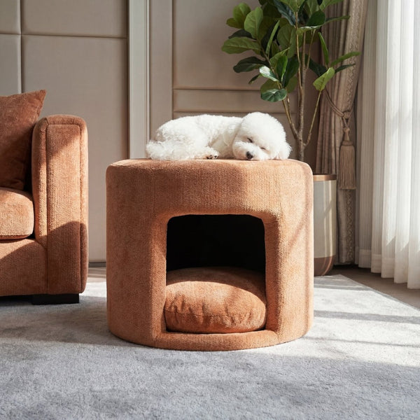 English Elm Orange Round Pet Hideaway Ottoman Acacia Legs Stain Resistant Upholstered Footrest Stool N770P428755O