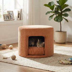 English Elm Orange Round Pet Hideaway Ottoman Acacia Legs Stain Resistant Upholstered Footrest Stool N770P428755O