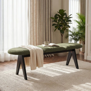English Elm Upholstered Tri-Panel Bench with Angled Black Legs for Bedroom or Entryway Green N770P429593F