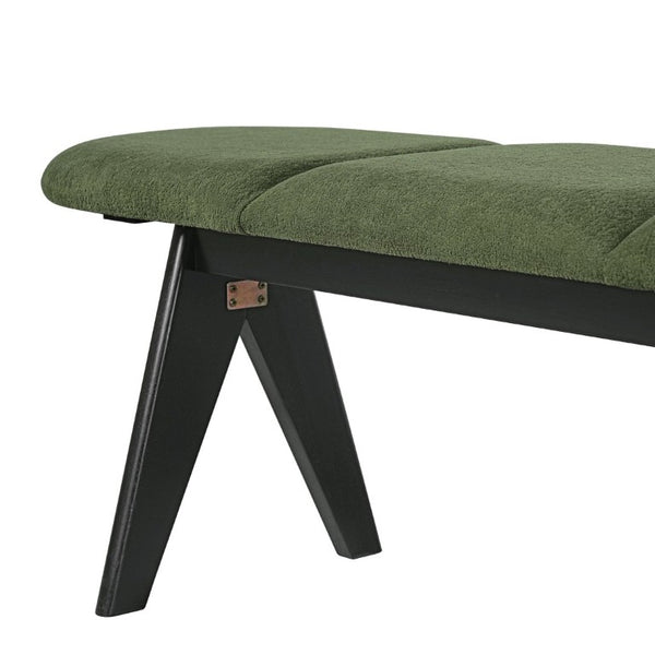 English Elm Upholstered Tri-Panel Bench with Angled Black Legs for Bedroom or Entryway Green N770P429593F