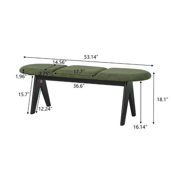 English Elm Upholstered Tri-Panel Bench with Angled Black Legs for Bedroom or Entryway Green N770P429593F