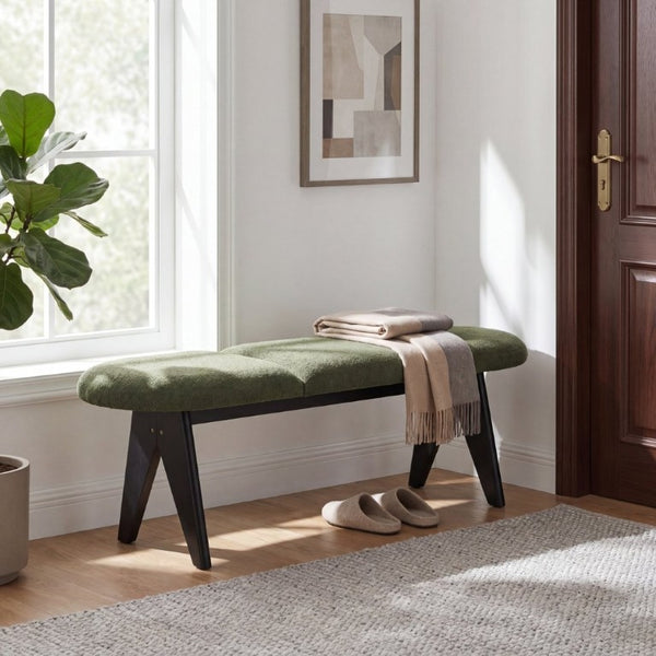 English Elm Upholstered Tri-Panel Bench with Angled Black Legs for Bedroom or Entryway Green N770P429593F