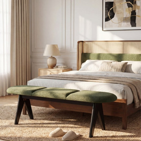 English Elm Upholstered Tri-Panel Bench with Angled Black Legs for Bedroom or Entryway Green N770P429593F