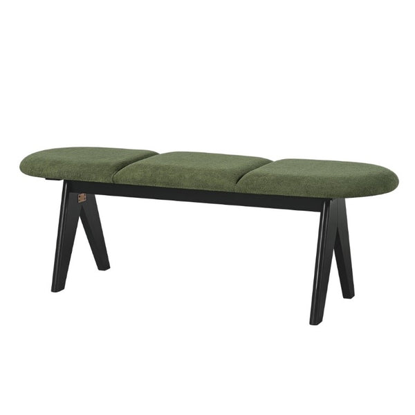English Elm Upholstered Tri-Panel Bench with Angled Black Legs for Bedroom or Entryway Green N770P429593F