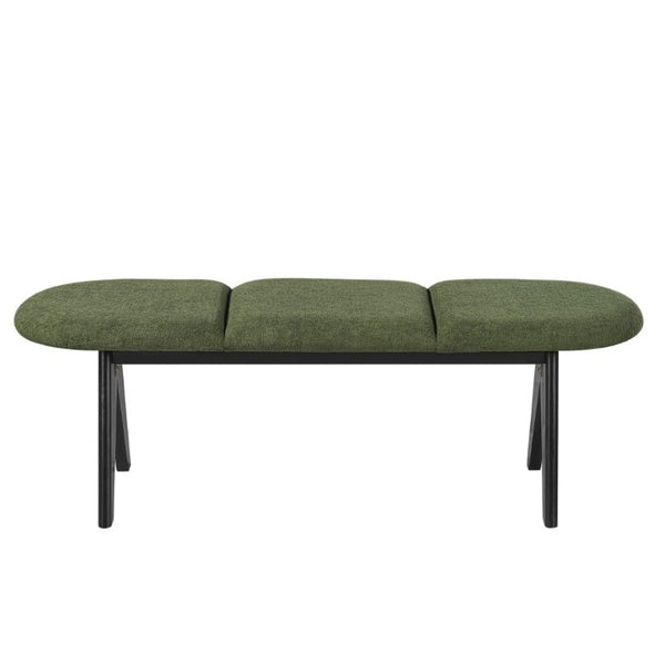 English Elm Upholstered Tri-Panel Bench with Angled Black Legs for Bedroom or Entryway Green N770P429593F