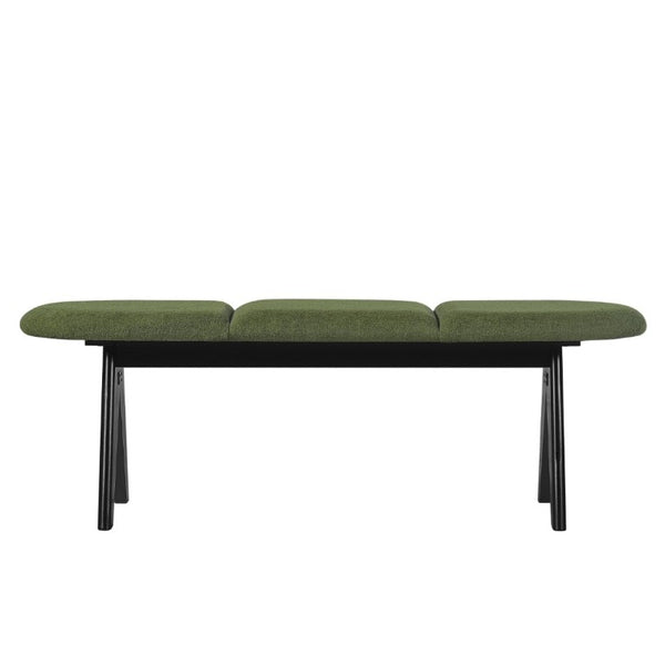 English Elm Upholstered Tri-Panel Bench with Angled Black Legs for Bedroom or Entryway Green N770P429593F