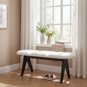 English Elm Upholstered Tri-Panel Bench with Angled Black Legs for Bedroom or Entryway White N770P429593K