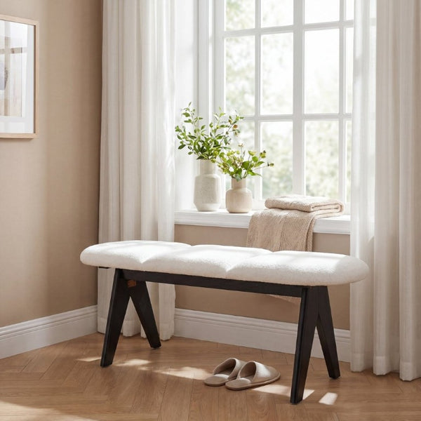 English Elm Upholstered Tri-Panel Bench with Angled Black Legs for Bedroom or Entryway White N770P429593K