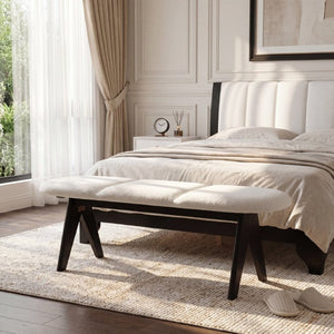 English Elm Upholstered Tri-Panel Bench with Angled Black Legs for Bedroom or Entryway White N770P429593K
