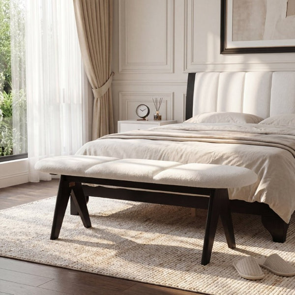 English Elm Upholstered Tri-Panel Bench with Angled Black Legs for Bedroom or Entryway White N770P429593K