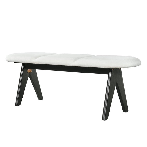 English Elm Upholstered Tri-Panel Bench with Angled Black Legs for Bedroom or Entryway White N770P429593K