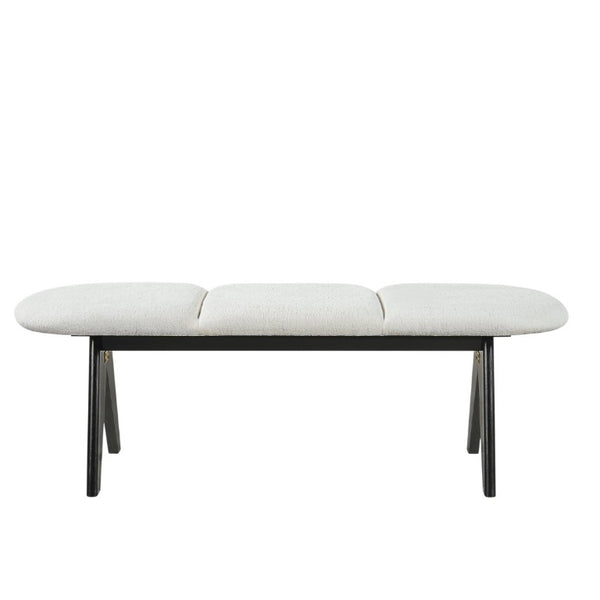 English Elm Upholstered Tri-Panel Bench with Angled Black Legs for Bedroom or Entryway White N770P429593K
