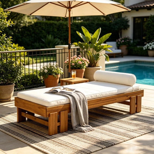 English Elm Teak Finished Solid Acacia Daybed with Washable Cushion for Patio or Living Room N770P444672T