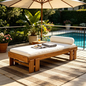 English Elm Teak Finished Solid Acacia Daybed with Washable Cushion for Patio or Living Room N770P444672T