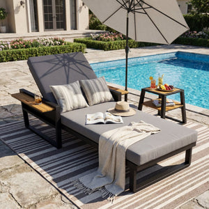 English Elm Black Iron Teak Outdoor Chaise Lounge with Water Resistant Cushion and Adjustable Recline N770P452186B_65429.00CUSHDGRY