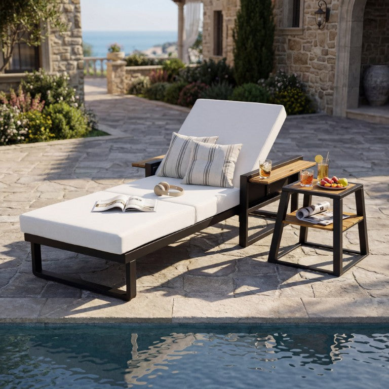 English Elm Black Iron Outdoor Chaise Lounge with Teak Armrests and Cushion for Patio or Poolside N770P452186B_N770P208317C