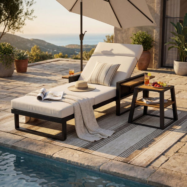 English Elm Black Iron Outdoor Chaise Lounge with Teak Acacia Arms and Padded Reclining Cushion N770P452186B_N770P285267B