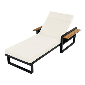 English Elm Black Iron Outdoor Chaise Lounge with Teak Acacia Arms and Padded Reclining Cushion N770P452186B_N770P285267B