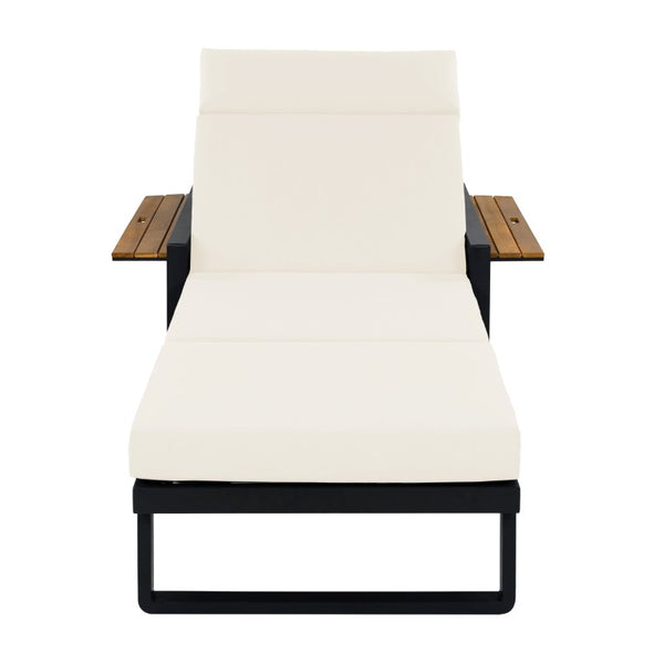 English Elm Black Iron Outdoor Chaise Lounge with Teak Acacia Arms and Padded Reclining Cushion N770P452186B_N770P285267B