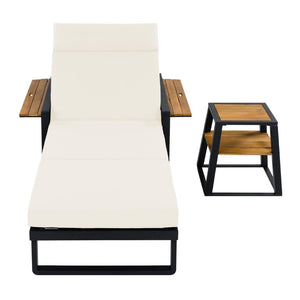 English Elm Black Iron Outdoor Chaise Lounge with Teak Acacia Arms and Padded Reclining Cushion N770P452186B_N770P285267B