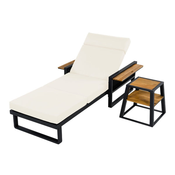English Elm Black Iron Outdoor Chaise Lounge with Teak Acacia Arms and Padded Reclining Cushion N770P452186B_N770P285267B