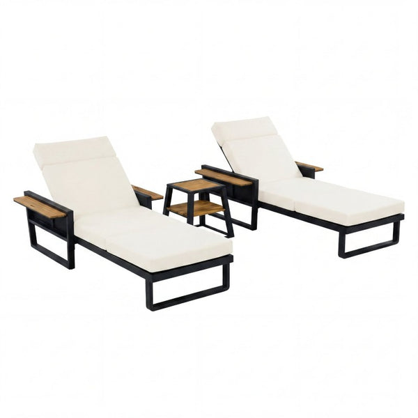 English Elm Black Iron Outdoor Chaise Lounge with Teak Acacia Arms and Padded Reclining Cushion N770P452186B_N770P285267B
