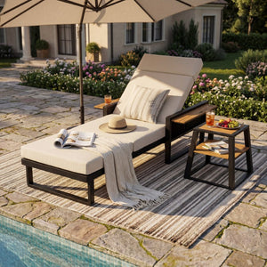 English Elm Black Iron Outdoor Chaise Lounge with Teak Acacia Arms and Padded Reclining Cushion N770P452186B_N770P285267B