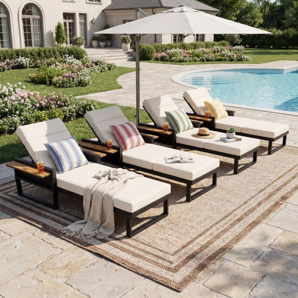 English Elm Black Iron Outdoor Chaise Lounge with Teak Acacia Arms and Padded Reclining Cushion N770P452186B_N770P285267B