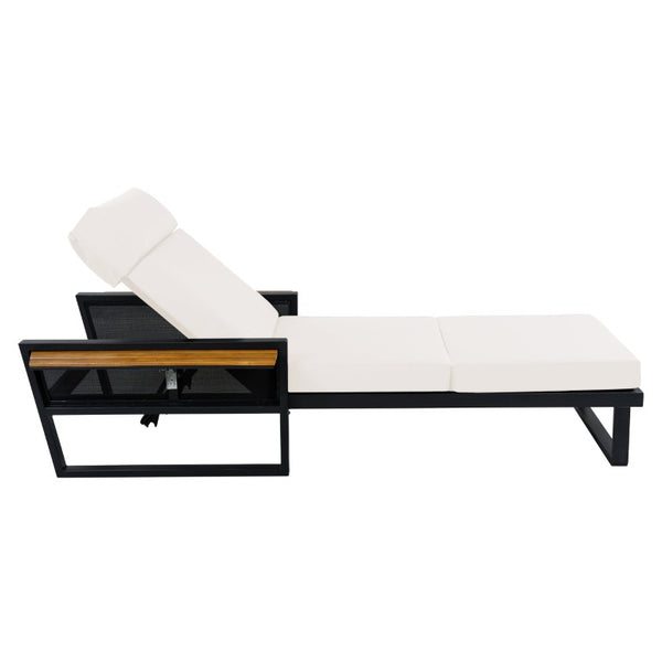 English Elm Black Iron Outdoor Chaise Lounge with Teak Armrests and Thick Cushion for Patio Pool N770P452186B_N770P285267C