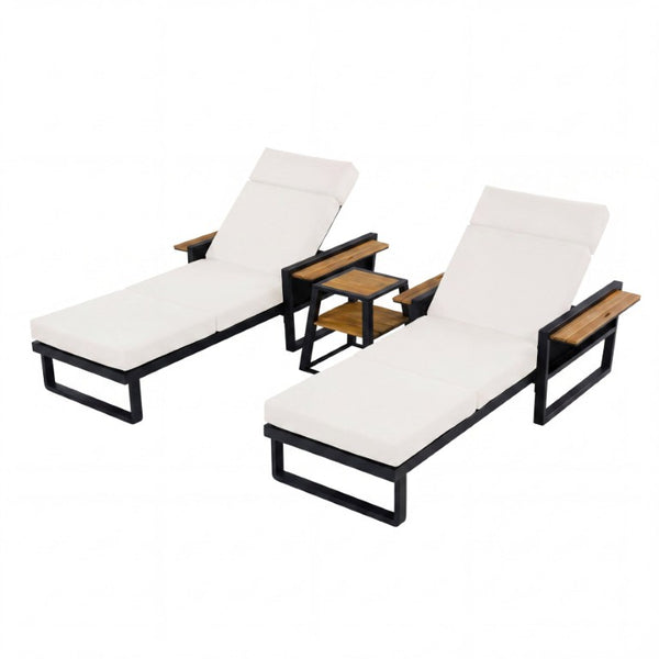 English Elm Black Iron Outdoor Chaise Lounge with Teak Armrests and Thick Cushion for Patio Pool N770P452186B_N770P285267C