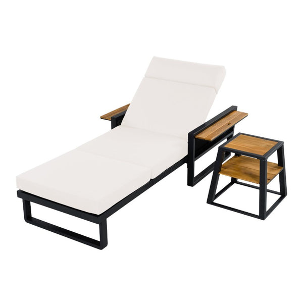 English Elm Black Iron Outdoor Chaise Lounge with Teak Armrests and Thick Cushion for Patio Pool N770P452186B_N770P285267C