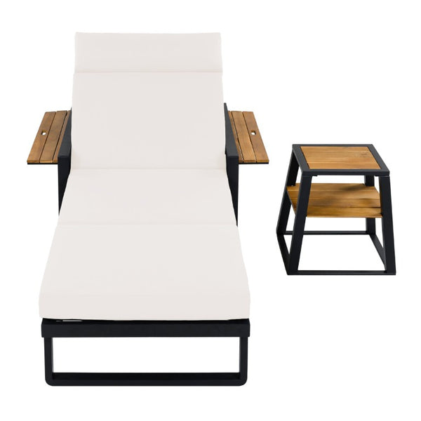 English Elm Black Iron Outdoor Chaise Lounge with Teak Armrests and Thick Cushion for Patio Pool N770P452186B_N770P285267C