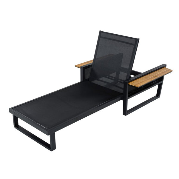 English Elm Black Iron Outdoor Chaise Lounge with Teak Armrests and Thick Cushion for Patio Pool N770P452186B_N770P285267C