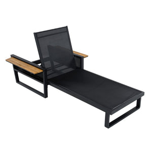English Elm Black Iron Outdoor Chaise Lounge with Teak Armrests and Thick Cushion for Patio Pool N770P452186B_N770P285267C