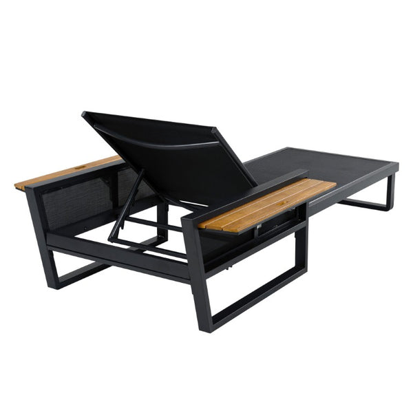 English Elm Black Iron Outdoor Chaise Lounge with Teak Armrests and Thick Cushion for Patio Pool N770P452186B_N770P285267C