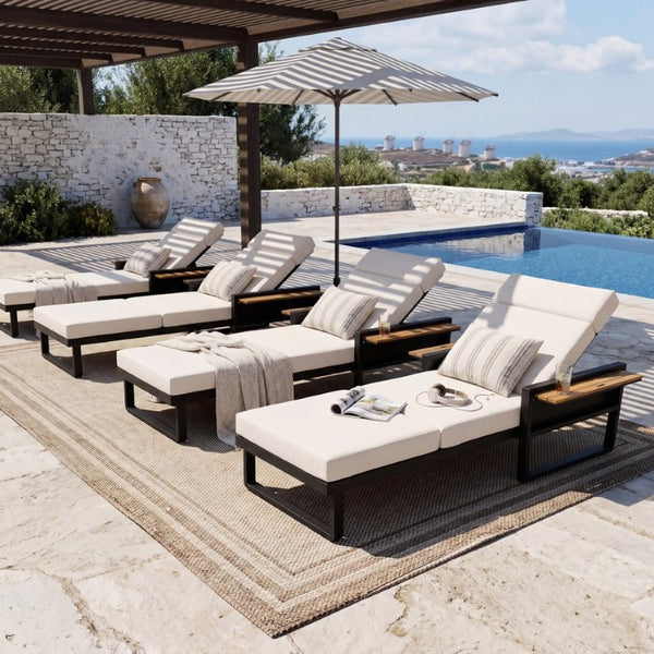 English Elm Black Iron Outdoor Chaise Lounge with Teak Armrests and Thick Cushion for Patio Pool N770P452186B_N770P285267C