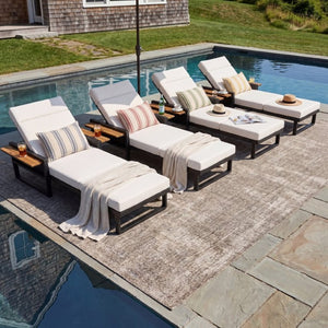 English Elm Black Iron Outdoor Chaise Lounge with Teak Armrests and Thick Cushion for Patio Pool N770P452186B_N770P285267C