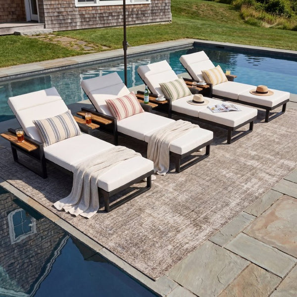 English Elm Black Iron Outdoor Chaise Lounge with Teak Armrests and Thick Cushion for Patio Pool N770P452186B_N770P285267C