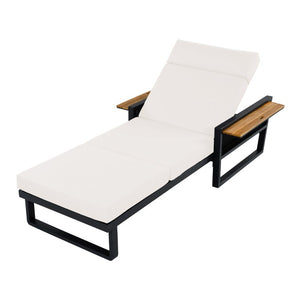 English Elm Black Iron Outdoor Chaise Lounge with Teak Armrests and Thick Cushion for Patio Pool N770P452186B_N770P285267C