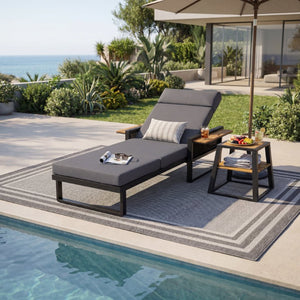 English Elm Black Iron Teak Patio Chaise Lounge with Adjustable Backrest and Thick Cushion Included Black / Dark Grey / Teak 79.13 L x 31.1 W x 36.03 H N770P452186B_N770P285267G
