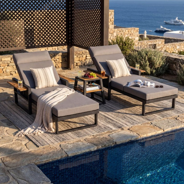 English Elm Black Iron Teak Patio Chaise Lounge with Adjustable Backrest and Thick Cushion Included Black / Dark Grey / Teak 79.13 L x 31.1 W x 36.03 H N770P452186B_N770P285267G