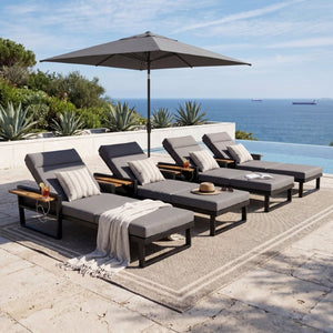 English Elm Black Iron Teak Patio Chaise Lounge with Adjustable Backrest and Thick Cushion Included Black / Dark Grey / Teak 79.13 L x 31.1 W x 36.03 H N770P452186B_N770P285267G