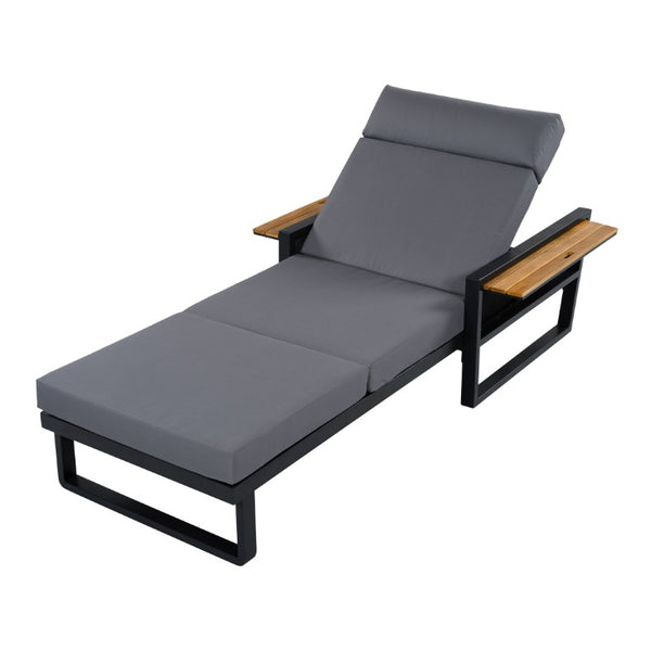 English Elm Black Iron Teak Patio Chaise Lounge with Adjustable Backrest and Thick Cushion Included Black / Dark Grey / Teak 79.13 L x 31.1 W x 36.03 H N770P452186B_N770P285267G