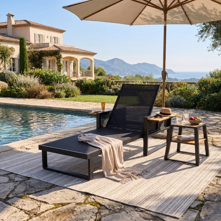 English Elm Black Iron and Acacia Teak Outdoor Chaise Lounge Set with Mesh Recliner and Side Table N770P452186B_N770P452719B
